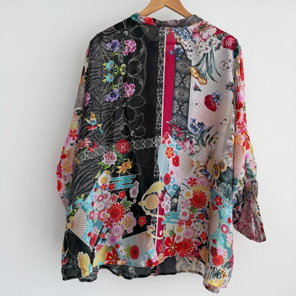 Johnny Was Silk Blouse 2X Floral Patchwork Boho Button Up Blouse Zippy Julia Top - Picture 6 of 11